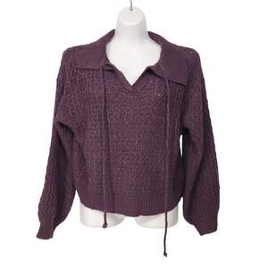 NWT She + Sky Dark Plum Collared Long Balloon Sleeve Cropped Sweater Women's M